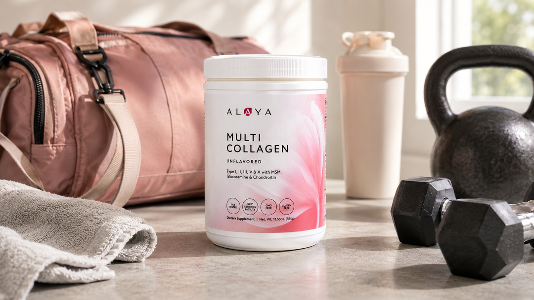 alaya multi collagen canister with workout things