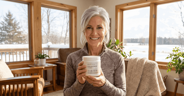 woman holding alaya colostrum in winter