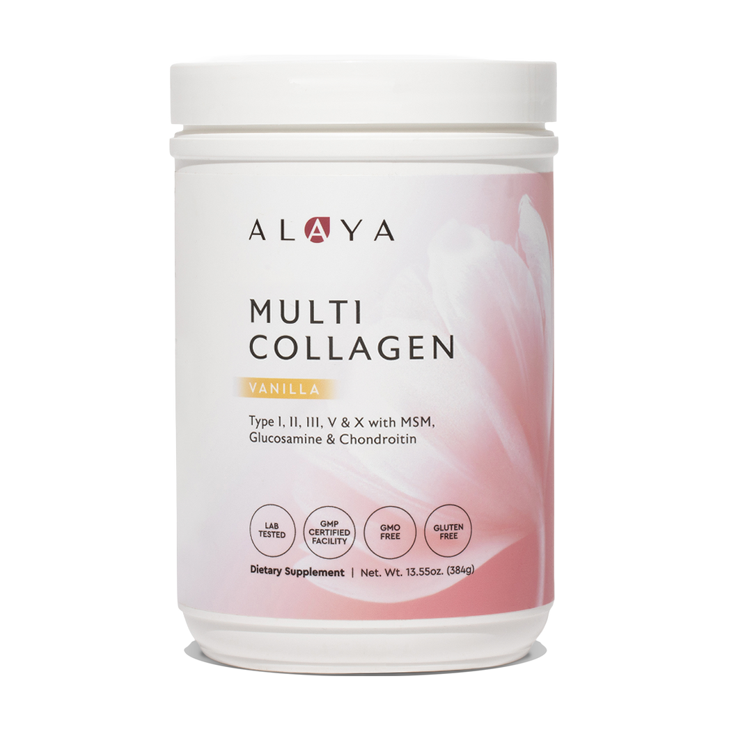Alaya Multi Collagen Vanilla Powder supplement bottle on a clear background #flavor_vanilla