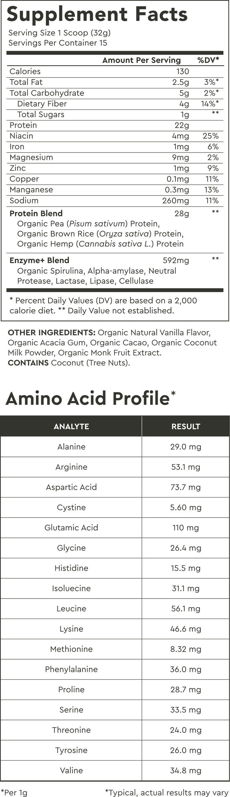 Supplement Facts for Vanilla / Large