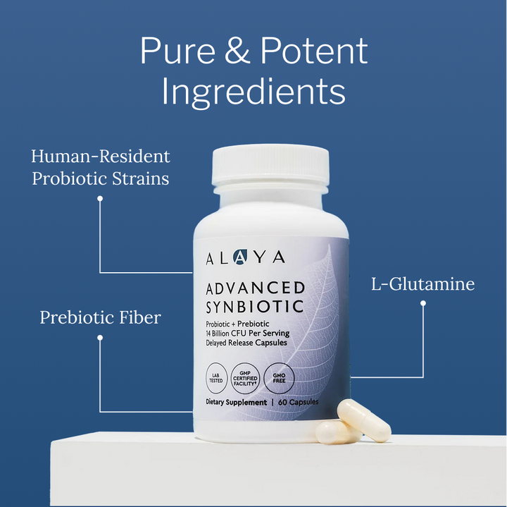 Alaya Advanced Synbiotic supplement bottle with text highlighting ingredients on a blue background