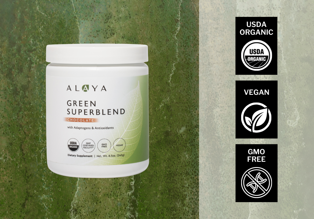 Alaya Green Superblend container with certification icons on a green and gray background. USDA Organic, Vegan, GMO Free
